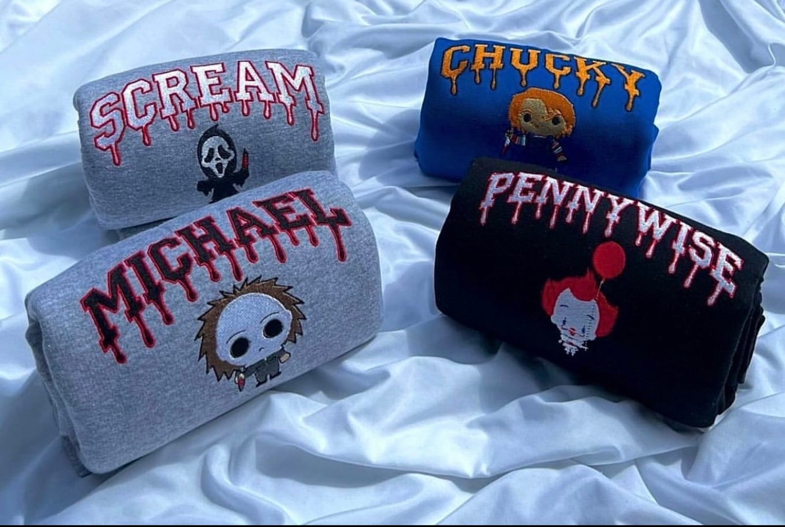 Spooky Custom Halloween Horror Character Embroidery Crewneck - Shop Now!