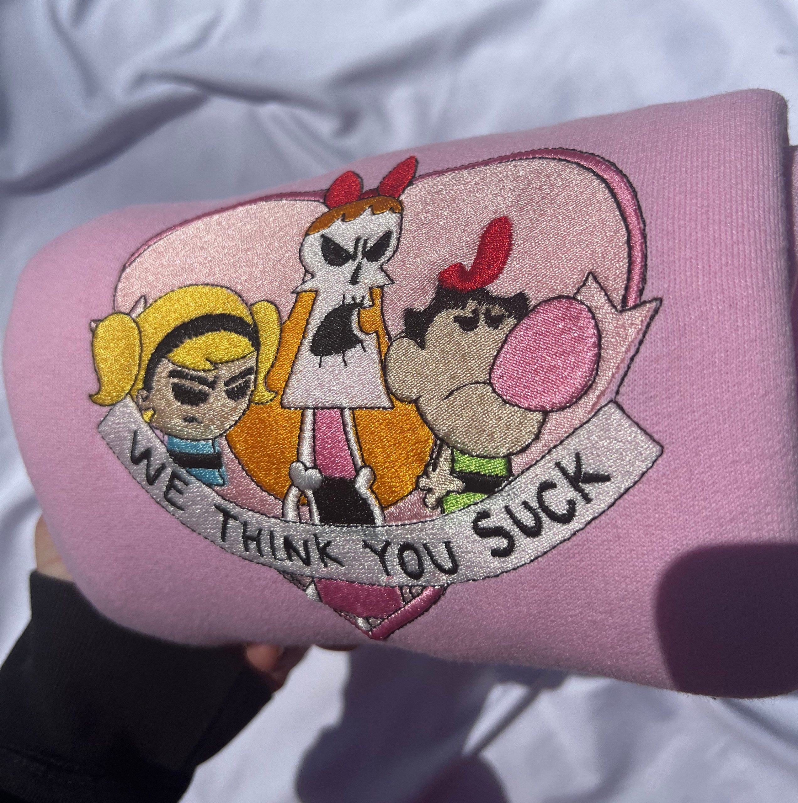 Y2K Cute Embroidered Crewneck with a Humorous Remix of Powerpuff Girls and Billy Mandy