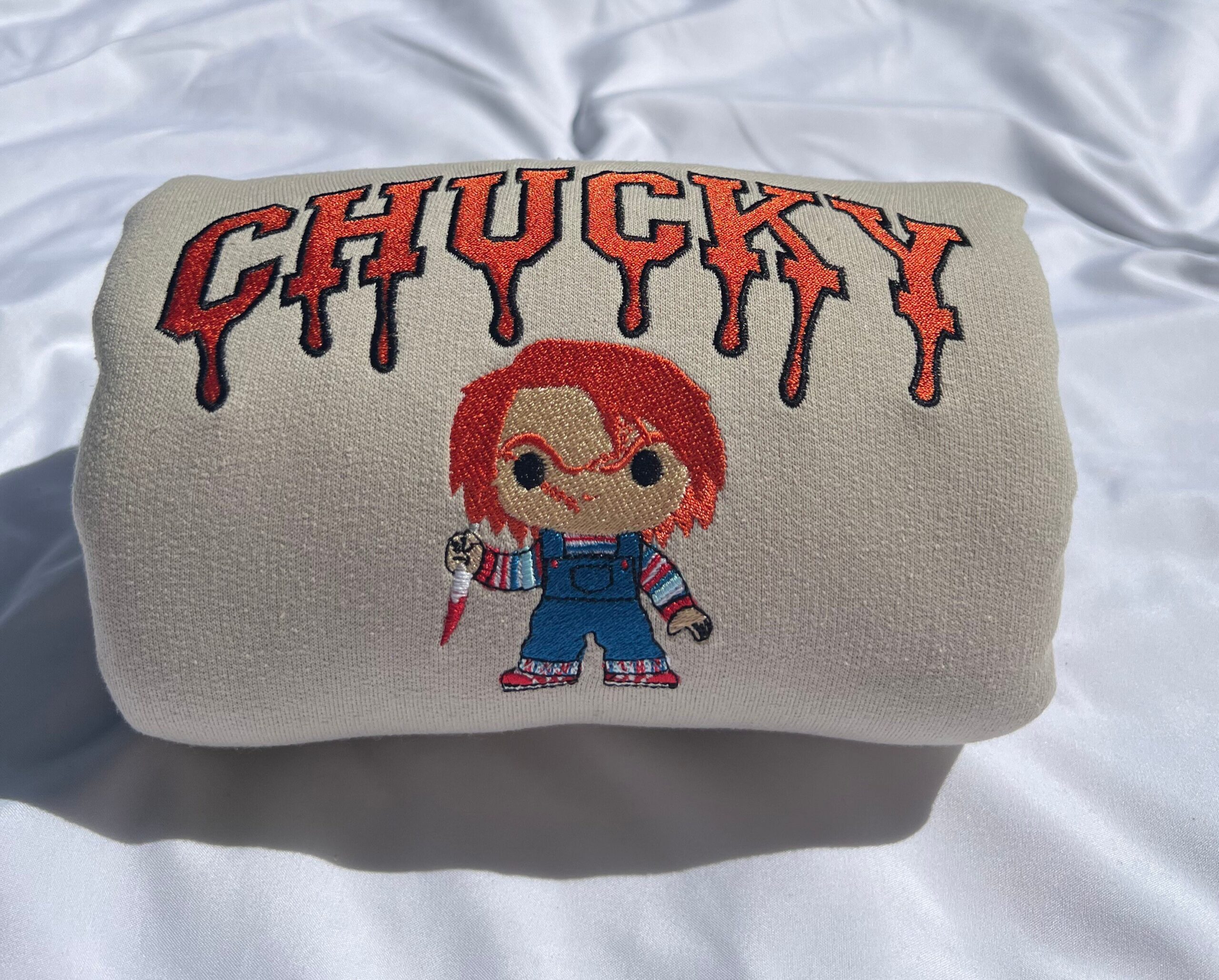 Vintage Embroidered Chucky Doll Drip Crewneck - Shop Online Now!